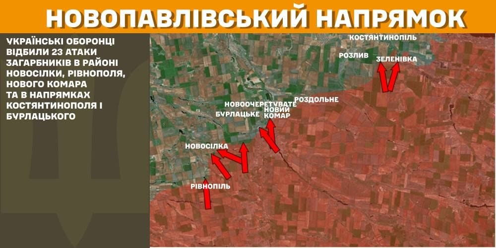 Mapa Sztabu Generalnego Sił Zbrojnych Ukrainy dotycząca przebiegu działań wojennych na kierunku nowopawliwskim