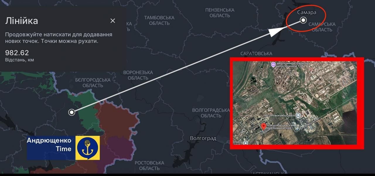 Zdjęcie: Petro Andriuszczenko, lokalizacja zaatakowanej elektrowni Nowokujbyszew
